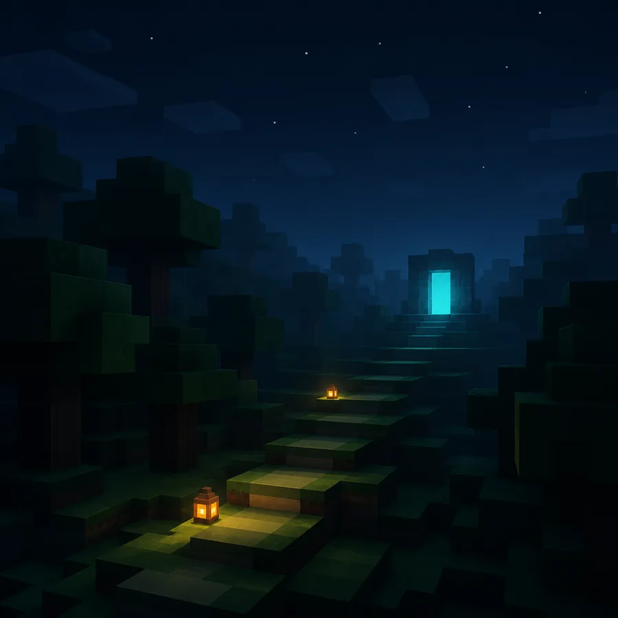 A lantern path through a dark voxel forest toward a blue portal