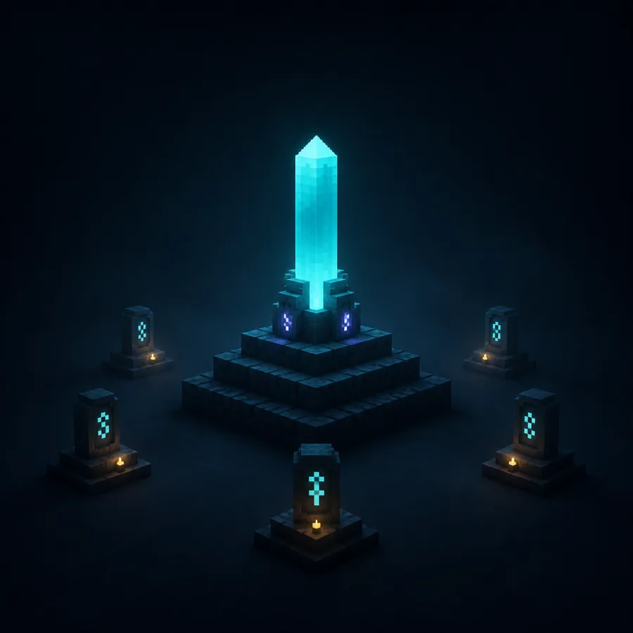 A blue crystal progression shrine with five rune stones